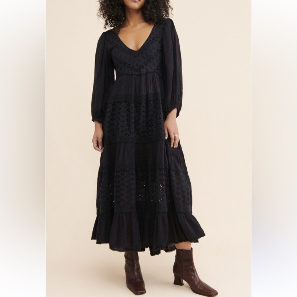Free People Black V-Neck Eyelet Tiered Maxi Says medium but fits like a large